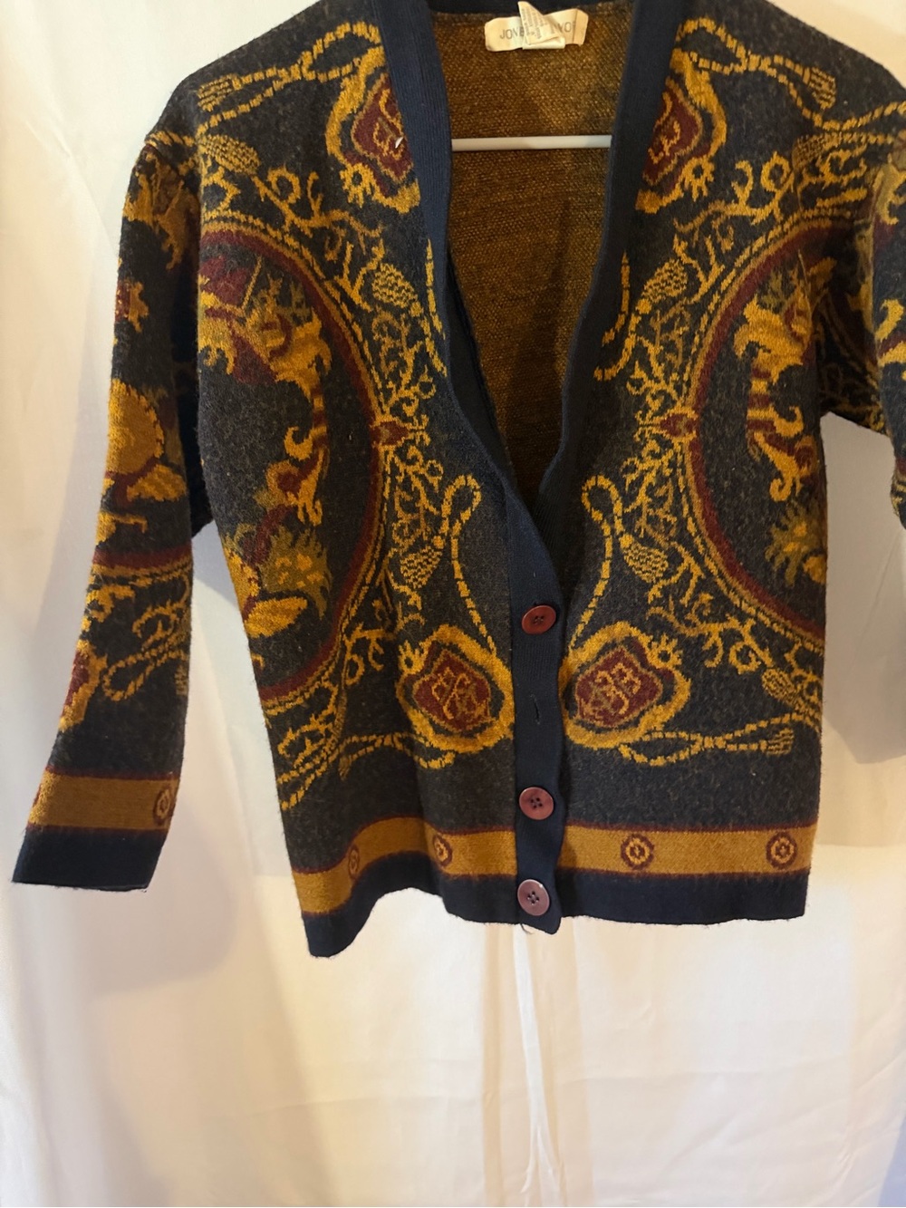 Jones New York Vintage-Inspired Navy and Mustard Button-Up Cardigan Sweater